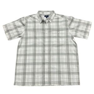 Men’s Short Sleeve Button Down Plaid Gray White Shirt Large Causal Classic Fit